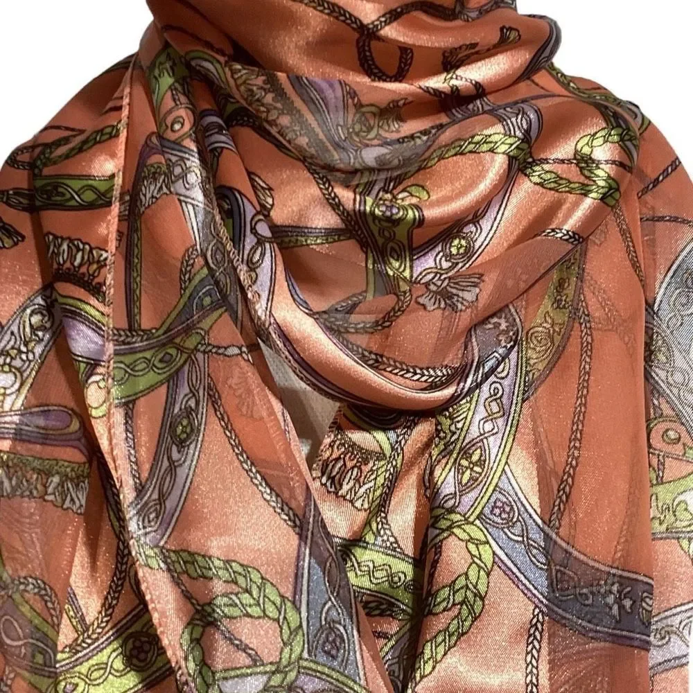 Vintage Orange Green Blue & White Ribbon & Rope Patterned Striped Silk Scarf
